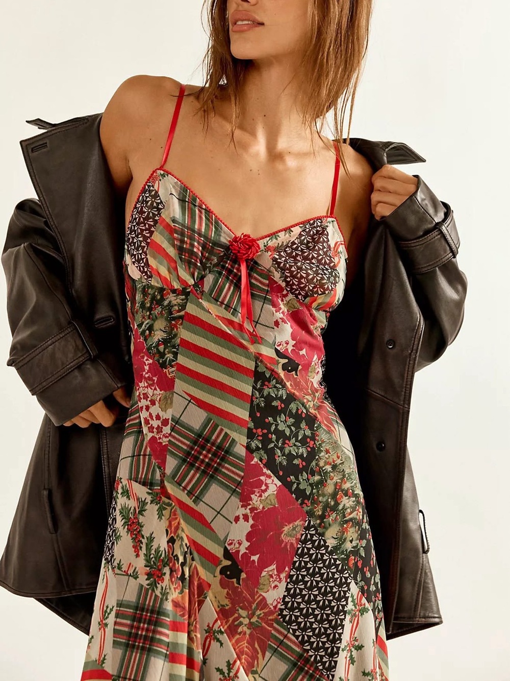 Free People Tis The Season Printed Patchwork Plaid Mistletoe Maxi Dress